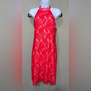 Sans Souci Red Lace Sleeveless Halter Open Back Fully Lined Dress